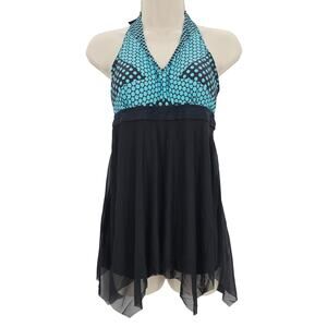 Zando Womans size L Polka Dot Asymmetrical Hem Boylegs Swimdress Black/Teal NWOT